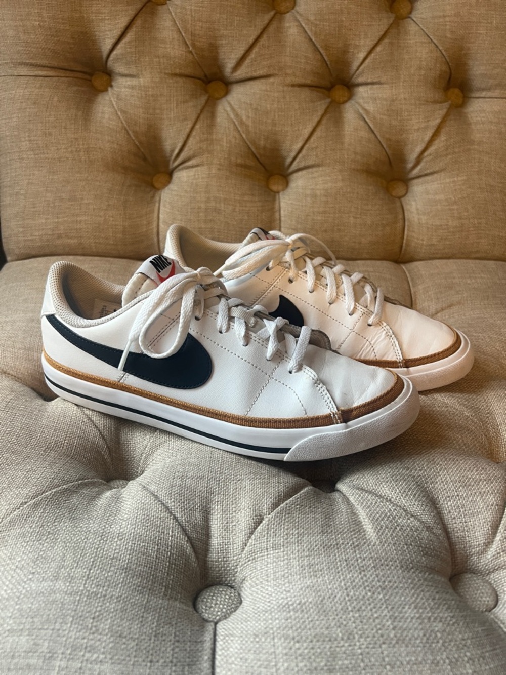 Nike Men’s White Sneakers with Black Swoosh and Tan Trim
